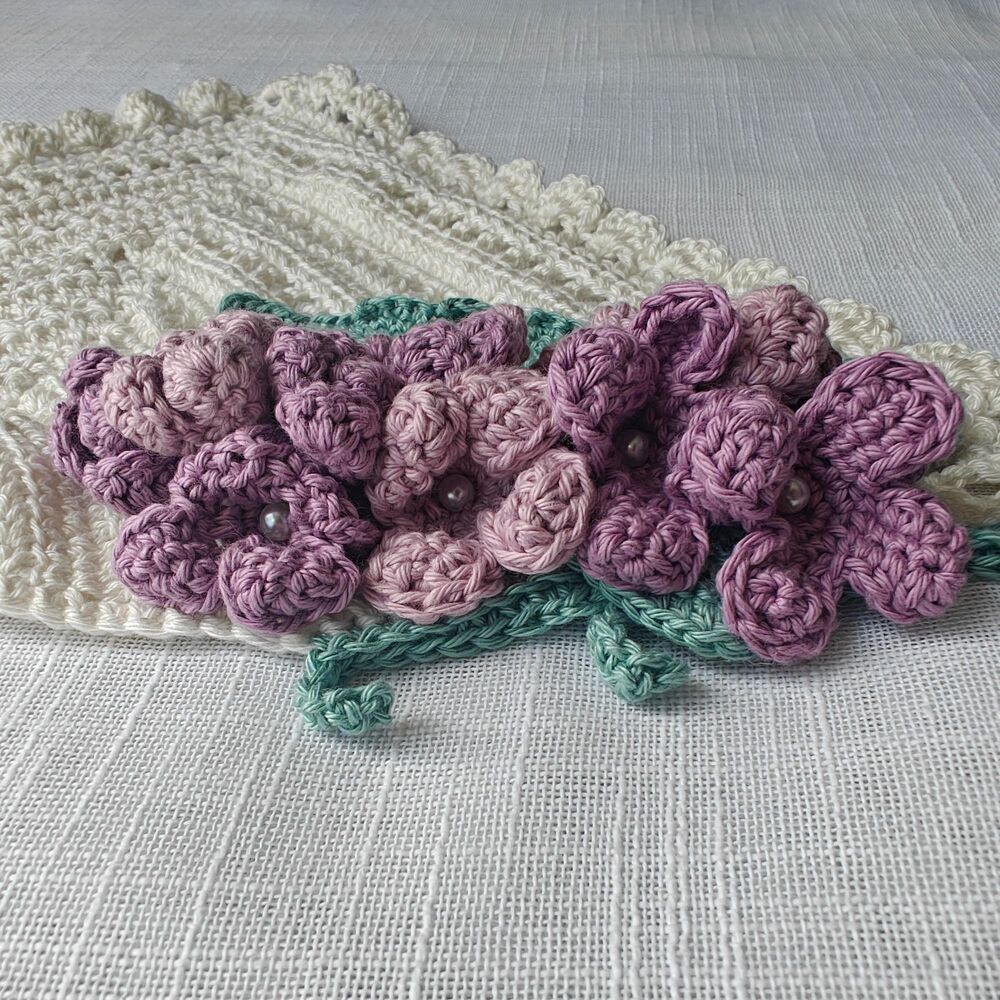 Crochet Bandana Handmade Summer Floral Lilac Flowers 100% Organic Cotton - Picture 7 of 8